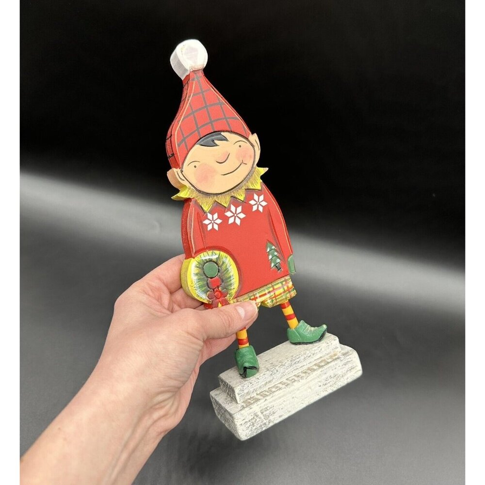Christmas Elf Decoration Wood Figurine Laura Benge Freddy Wreath Pixie Kitsch - Picture 9 of 10